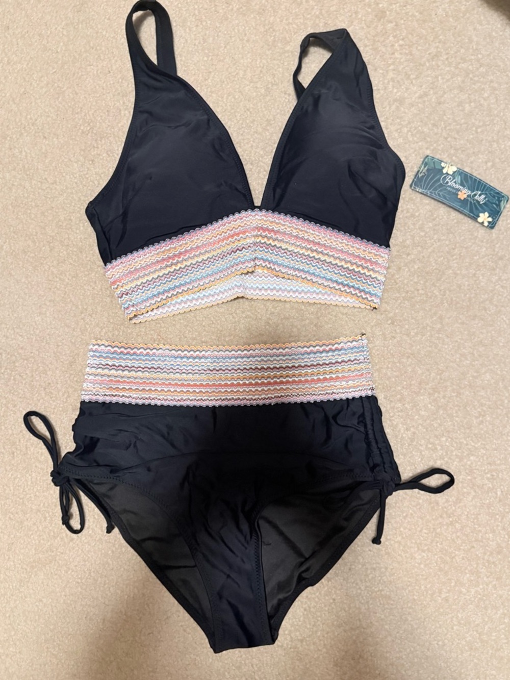 Zig zag multicolor womans swim wear size small Bikini black ties on side.